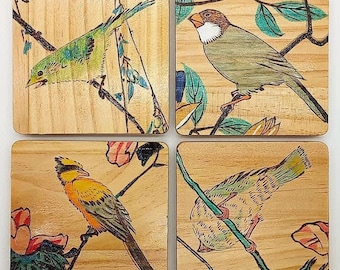 Set of 4 wood burned bird themed coasters, handmade pyrography art