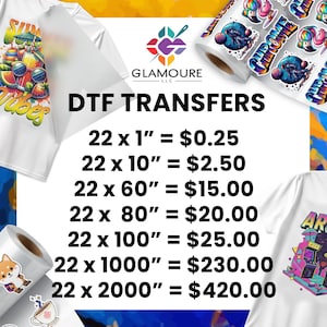 Puede incluir: Camisetas blancas con diseños gráficos coloridos, rollos de pegatinas y el texto "DTF TRANSFERS". La imagen también muestra precios para varios tamaños de transferencia, desde 55.88 mm hasta 50800 mm de largo.