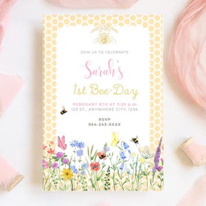 First Bee-Day Girl Floral Honey Garden Digital Birthday Invitation Template