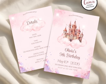 Princess Castle Invitation, Editable Pink Fairytale Girls Party Invite with details page