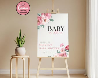 Peonies Baby Shower Welcome Sign: Editable Baby in Bloom Template (Add On)