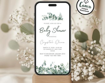 Eucalyptus Baby Shower Invitation Template, Editable Botanical Invite (Digital Download)