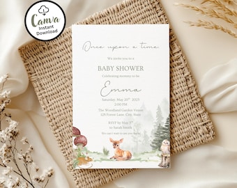 Woodland Baby Shower Invitation Template, Editable invite, Gender Neutral
