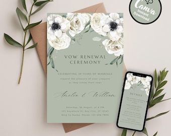 Vow Renewal Invitation Elegant Botanical Design, Editable Ceremony & Details Page, Sage Green and White
