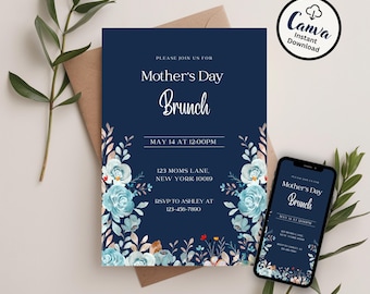 Mothers Day Brunch Invitation: Navy Blue, Editable Floral Invite