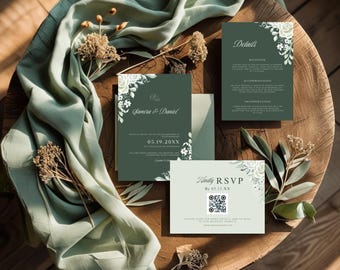 Sage Green Floral Wedding Invitation Set: Editable Botanical Wedding Invite Suite