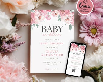 Peonies Baby Shower Invitation, Baby in Bloom Theme, Editable Canva Template