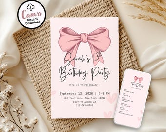 Teen Birthday Invitation: Editable Pink Bow Template