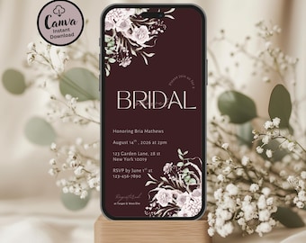 Plum Bridal Shower Invitation Template: Editable Floral Canva Invite