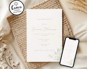 Baby Shower Invitation Template: Tea Party (Editable Canva Invite)