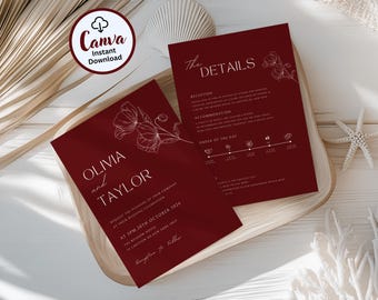 Deep Red Wedding Invitation Suite, Editable Canva Template, Burgundy Wine Wedding Invite