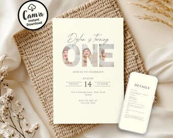 Custom First Birthday Invitation with Photo, Editable Party Invite