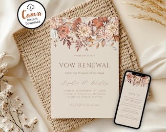 Floral Terracotta Vow Renewal Invitation, Boho Wedding (Editable Canva Invite)