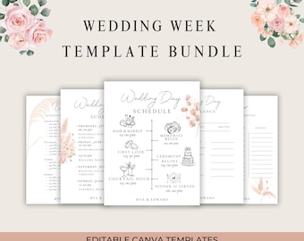 Puede incluir: Un paquete de plantillas de planificación de bodas con una paleta de colores suave y neutra. El diseño incluye un programa del día de la boda, páginas de notas y otras plantillas de planificación. El texto incluye "Wedding Week Template Bundle" y "Editable Canva Templates".