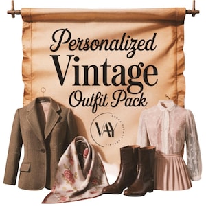 May include: A vintage outfit pack featuring a brown blazer, a floral scarf, a pink blouse, and brown boots. The banner reads "Personalized Vintage Outfit Pack". The outfit is displayed on a tan background.