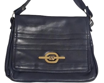Vintage 80s Classic Nappa Leather Shoulder Bag: Navy Blue Twist Lock A4 Minimalist
