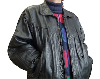 Klasyczna czarna kurtka typu bomber z lat 80.: oversize z miękkiej skóry nappa, rozmiar L/XL
