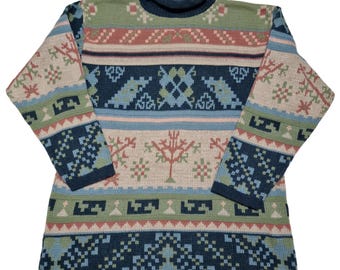 Suéter de cuello alto con estampado nórdico vintage: mezcla de lana, años 90, talla S y M