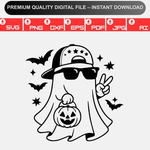 May include: Black and white digital file featuring a ghost wearing sunglasses and a baseball cap with stars. The ghost is holding a jack-o'-lantern and making a peace sign. Includes bats and stars. Text at the top reads "PREMIUM QUALITY DIGITAL FILE - INSTANT DOWNLOAD".