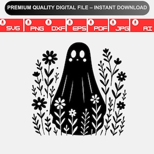 May include: Black and white digital file featuring a ghost design surrounded by flowers and foliage. The ghost has a simple, friendly face. The top of the image reads "PREMIUM QUALITY DIGITAL FILE - INSTANT DOWNLOAD".