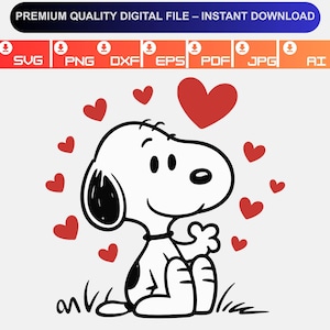 May include: A black and white cartoon dog illustration, with a black ear, surrounded by red hearts. The image includes the text "PREMIUM QUALITY DIGITAL FILE - INSTANT DOWNLOAD" and file type icons.