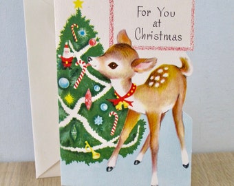 Vintage Mid Century NOS Christmas Card Baby Reindeer Eating the Candy Cane on Christmas Tree Unused and Unsigned Rust Craft