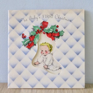 Vintage tarjeta de Navidad bebé primera Navidad mediados de siglo Norcross