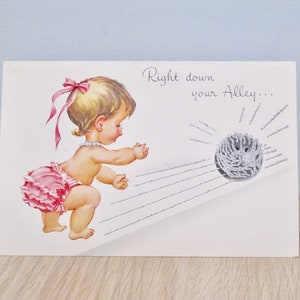 Vintage Happy Birthday Card Baby Girl Doll Bowling