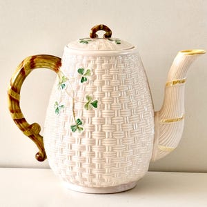 Vintage Belleek Pottery Basket Weave Shamrock Teapot Yellow Luster Accents