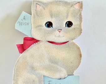 Vintage Norcross Flocked White Cat happy Birthday Card