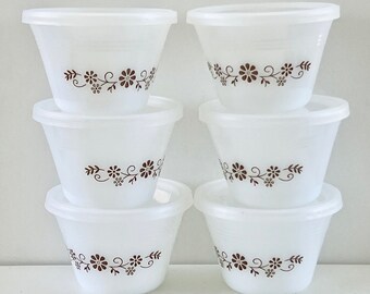 Vintage Vintage SET of 6 Pyr-O-Rey DYNAWARE Brown Daisy Custard Cups Ramekins with Plastic Lids