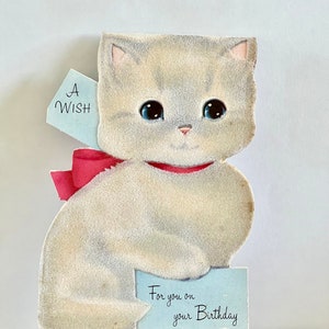 Vintage Norcross Flocked White Cat happy Birthday Card