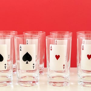 Vintage Set of 8 MCM Aces Poker Playing Card Highball Glasses