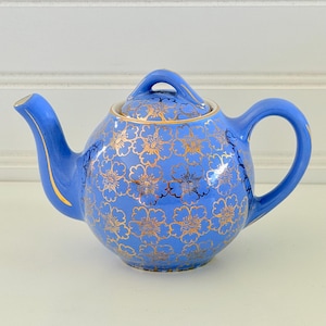 Vintage Hall “French” 2 Cup Teapot Blue with Gold Flowers