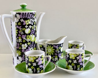 Juego de café, té, espresso y demitasse de mediados de siglo de Kitty, estilo vintage Royal Crown Mexican Fiesta
