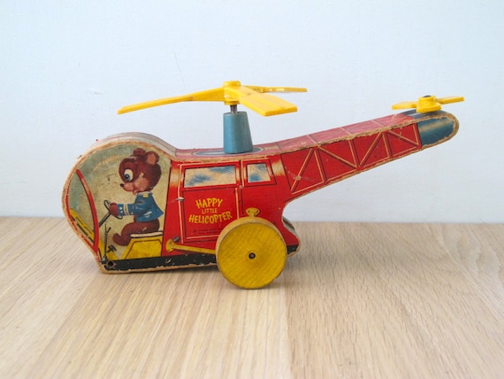 Vintage Happy Little Helicopter Fisher Price Pull Along Wooden Toy 1953-1955 #498