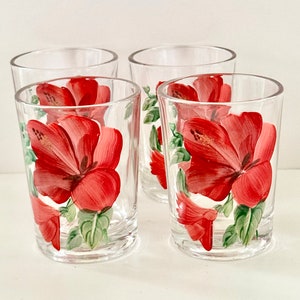 Vintage Set of 4 Hand Painted Red Flowers Federal Juice Glasses