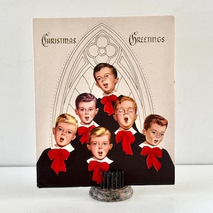 Tarjeta navideña vintage de coro de niños de mediados de siglo