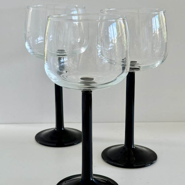 Vintage Luminarc Black Stem Wine Glasses, Set of 3, Made in France