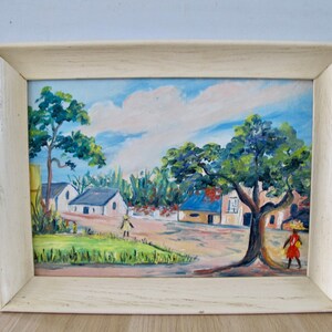 Vintage Haitian Art Painting in Wooden Frame
