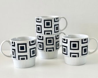 4 Vintage Mod Op Art Style Black and White Graphics Stackable Mugs