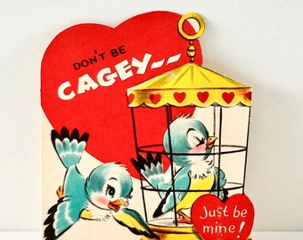 Vintage Valentine Card Birds Don't be Cagey Unused