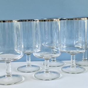 Vintage Set of 6 Mid Century Tumblers Silver Platinum Rim Stem Wine/Water