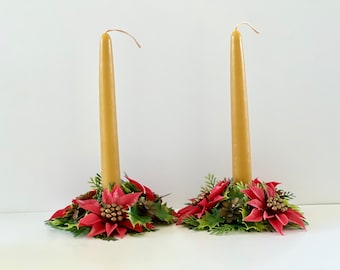 Vintage Christmas Candle Rings Plastic Pair of Candle Rings Poinsettia Pine Cones Holly  MCM Christmas Decor