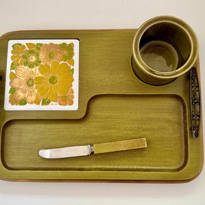 Vintage Georges Briard Cheese Charcuterie Appetizer Tray with Ceramic USA Pottery Dip Cup and Knife