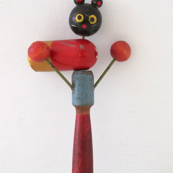 Vintage Wooden Cat Noise Maker Folk Art Toy