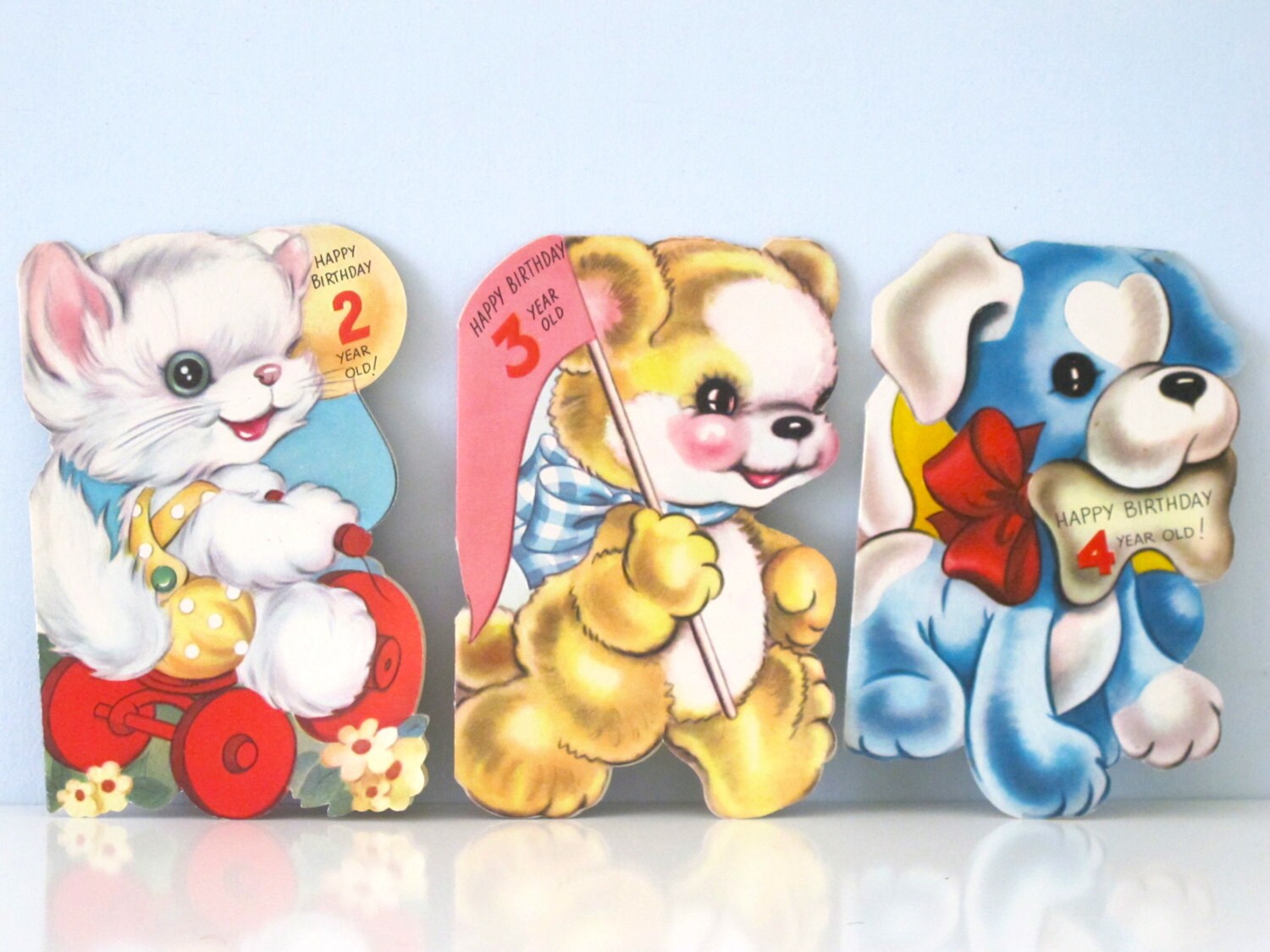 Three Great Happy Birthday Vintage Animal Cards Kitten Bear Etsy