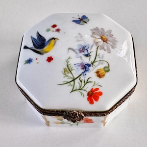 Vintage Limoges France Porcelain Box  Hand-Painted Floral Trinket Box Gold Accents