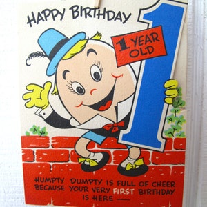 Humpty Dumpty Mecânico Feliz Aniversário 1 Ano - Cartão Vintage