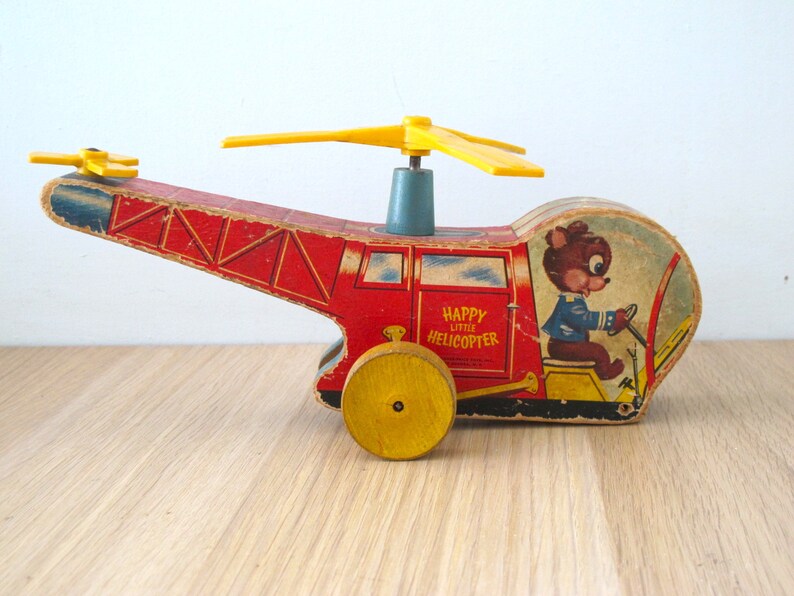 Vintage Happy Little Helicopter Fisher Price Pull Along Wooden Toy 1953-1955 #498